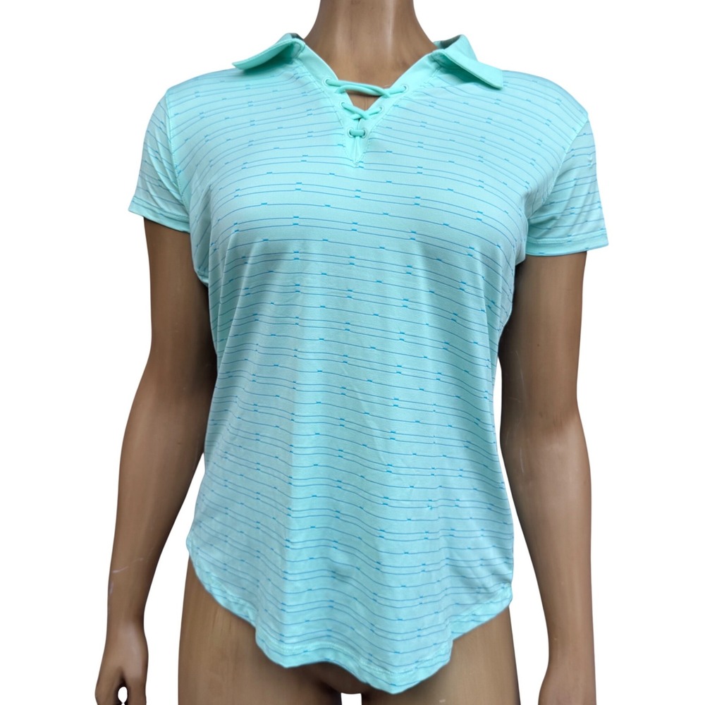 Nancy Lopez Polo Lace Up V-Neck Mint Green Striped Golfcore Sporty Chic M